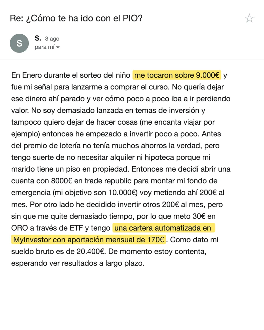 Email de S., alumno del PIO, agosto 2026