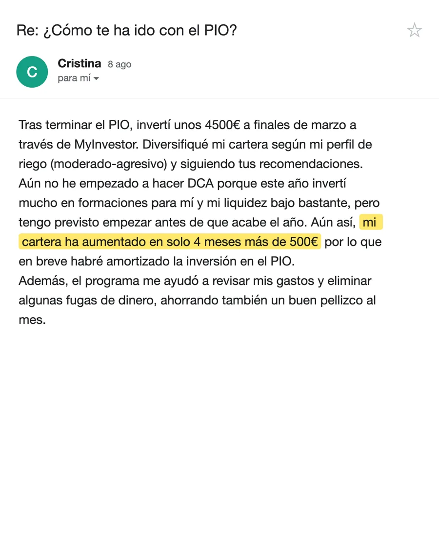 Email de Cristina, alumno del PIO, agosto 2026