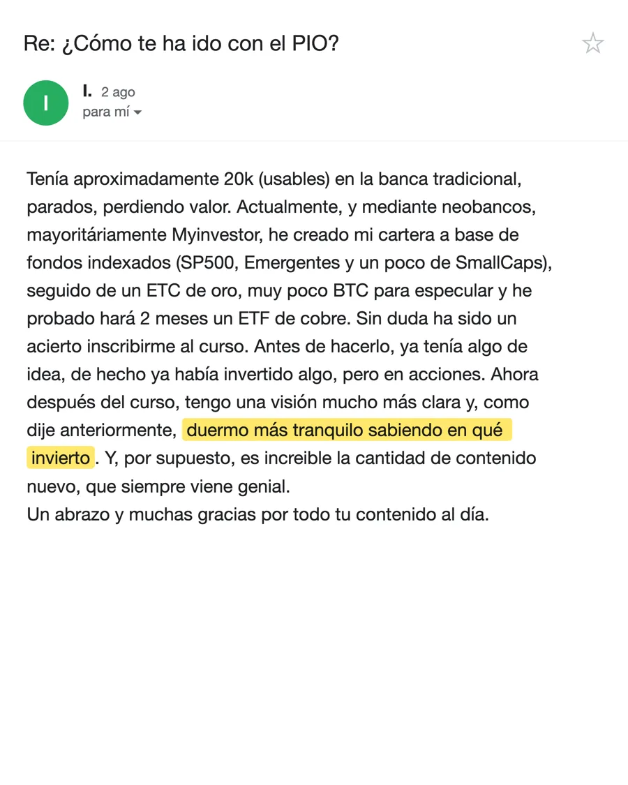 Email de I., alumno del PIO, agosto 2026