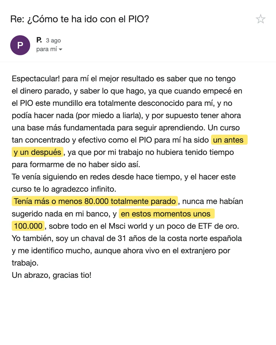 Email de P., alumno del PIO, agosto 2026