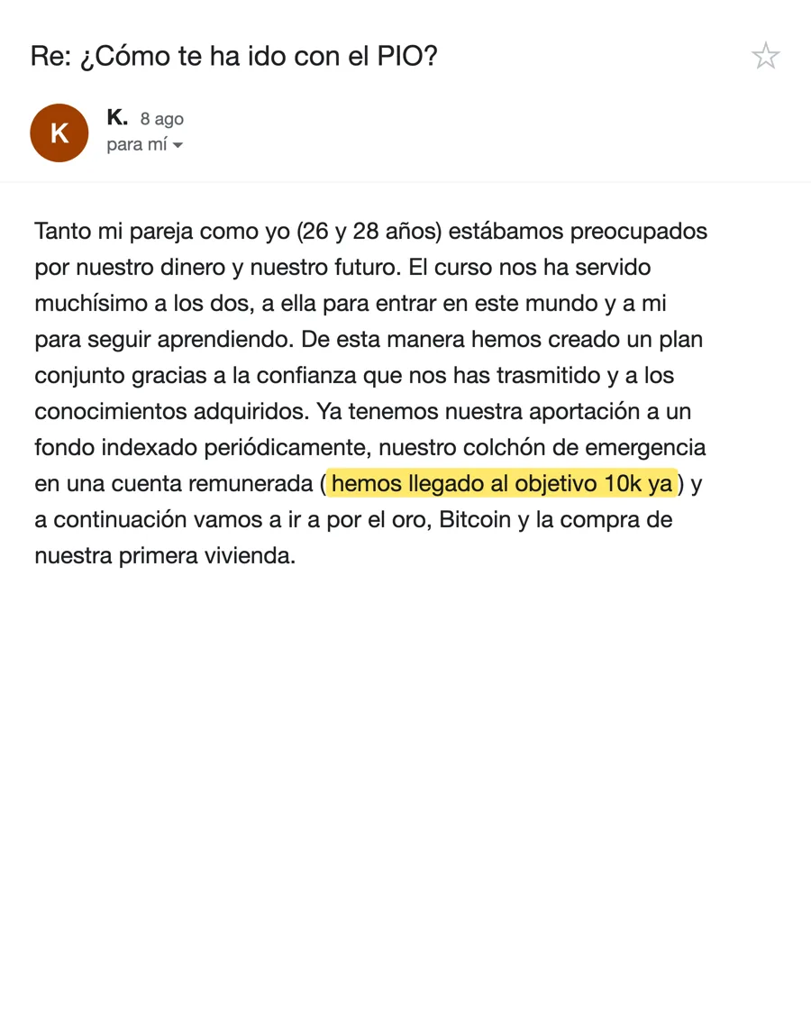 Email de K., alumno del PIO, agosto 2026