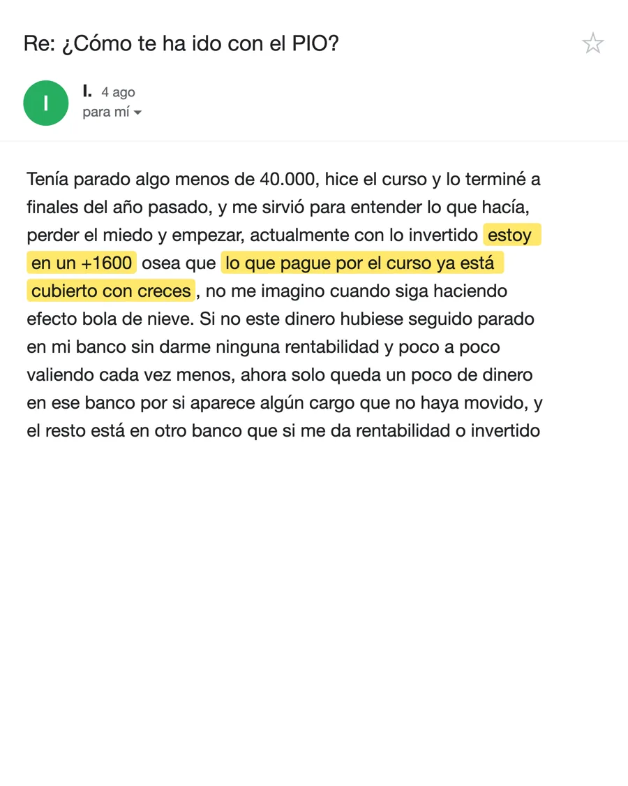 Email de I., alumno del PIO, agosto 2026