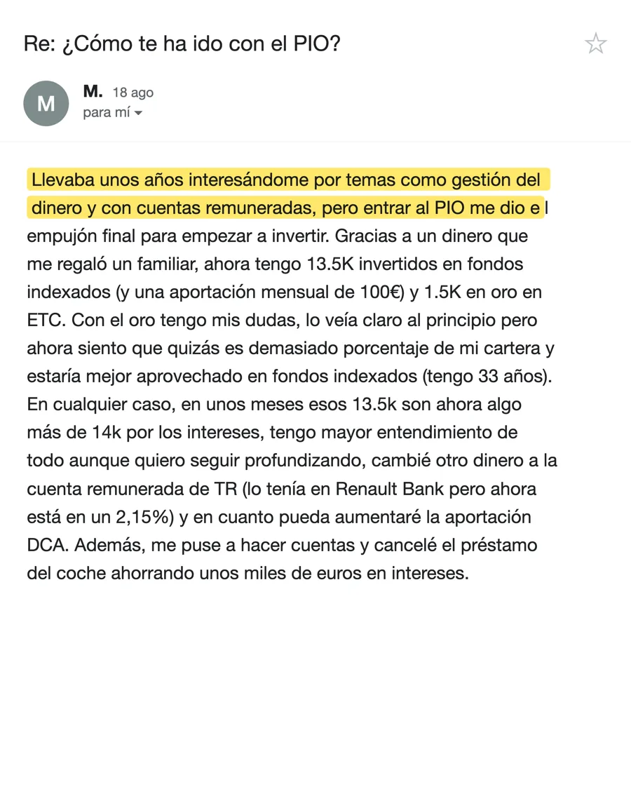 Email de M., alumno del PIO, agosto 2026
