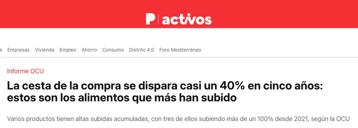 La cesta de la compra se dispara casi un 40% en cinco años. El Periódico, septiembre de 2026, con datos de la OCU