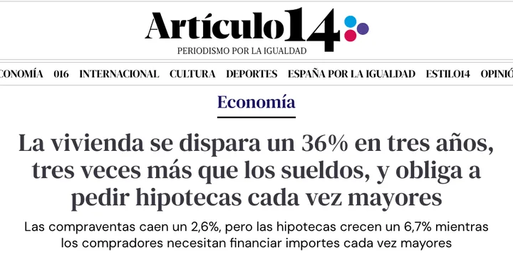La vivienda se dispara un 36% en tres años, tres veces más que los sueldos, y obliga a pedir hipotecas cada vez mayores. Artículo14, septiembre de 2026